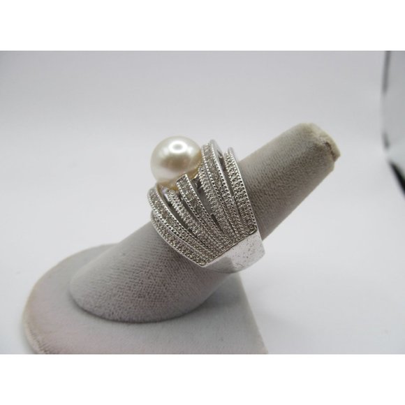 Faux Pearl 7 Tier Band Rhinestone Cocktail Ring signed NVC - Picture 2 of 14